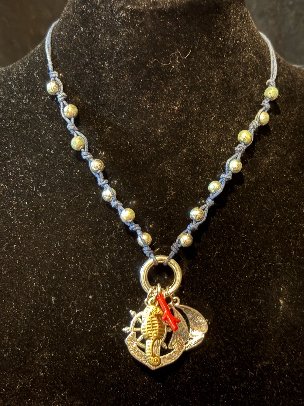 Navy Beaded Charm Necklace with Silver Accents and Red Charm